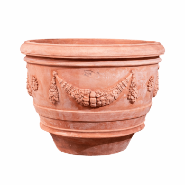 Terracotta-Topf Conca aus Impruneta – klassische Eleganz mit Girlanden und Rosetten